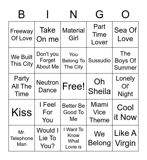 80's Hits Bingo Card