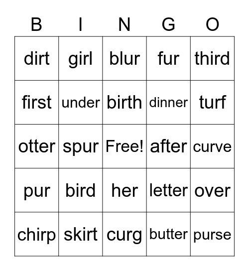 Mr. Clark's -ir, -er and -ur sounds Bingo Card