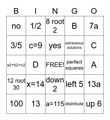 Algebra I-A Chapter 10 Bingo Review  Bingo Card