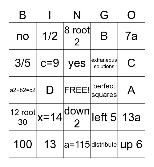 Algebra I-A Chapter 10 Bingo Review  Bingo Card