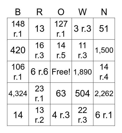 Division & Multiplication Bingo Card