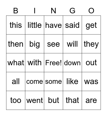 Sight Words Bingo Card