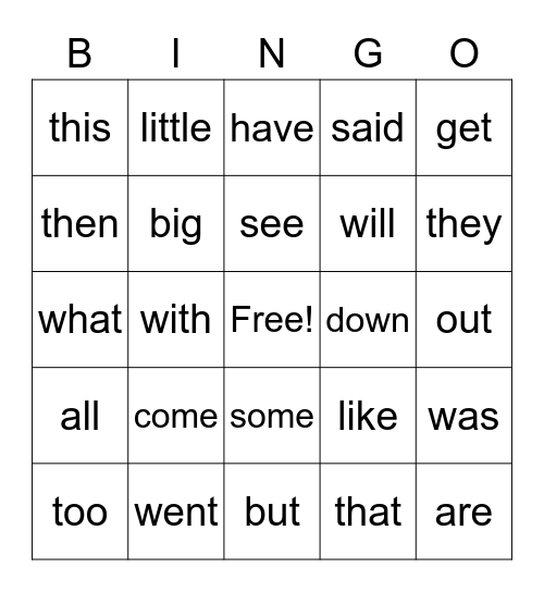 Sight Words Bingo Card