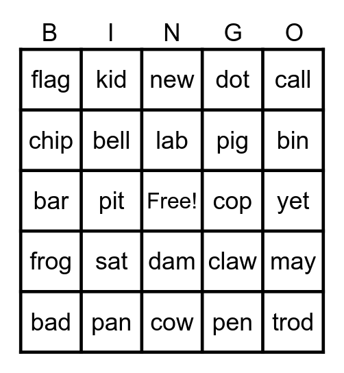 Rhyming Words Bingo Card