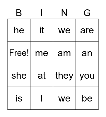 Sight Words Bingo Card