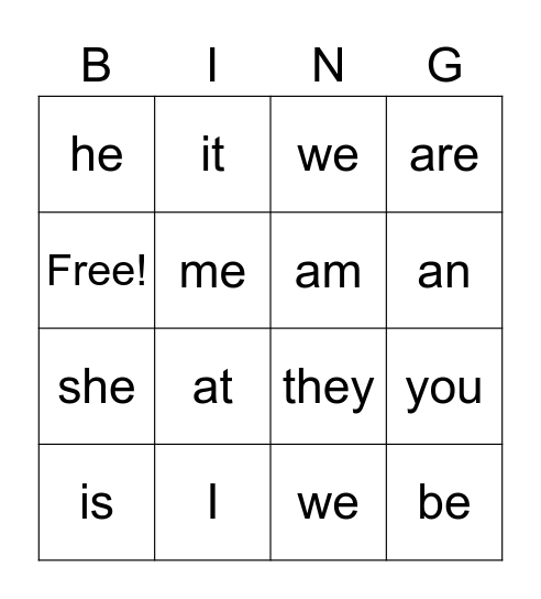 Sight Words Bingo Card