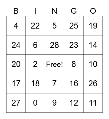 French Numbers 0-25 Bingo Card