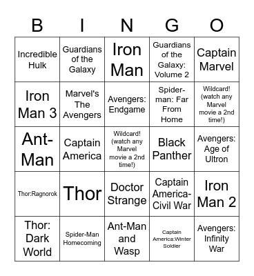 Marvel Movie Bingo Card