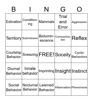 Animal Bahavior Bingo Card