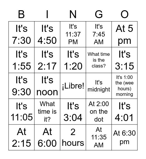 La Hora Bingo Card