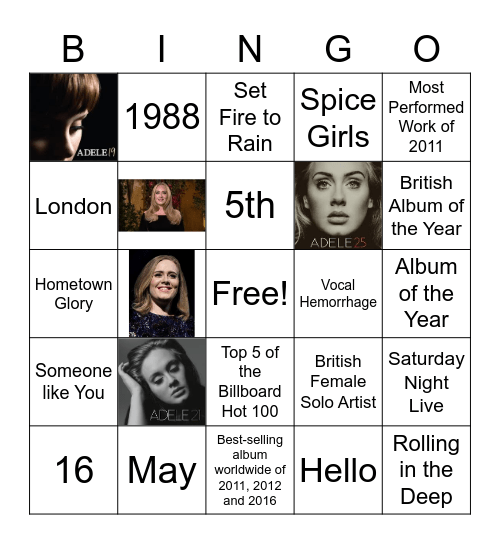 Adele : A Look Into Fame Bingo Card