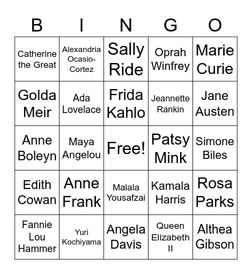 Rho Kappa Women's History Month Bingo Card
