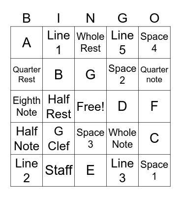 Reading Music Bingo Card