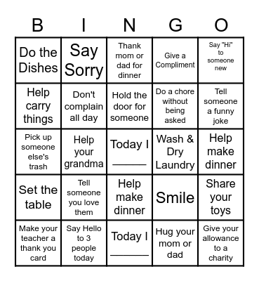 Random Acts of Kindness Bingo Card