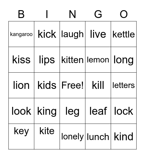 'K' and 'L' words Bingo Card