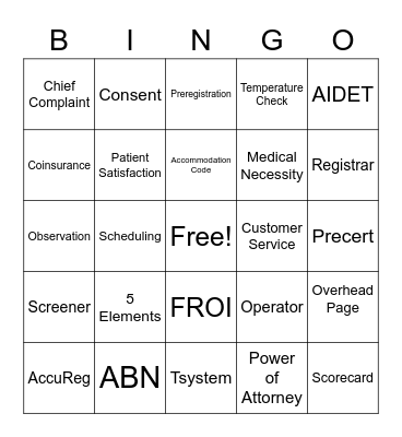 Patient Access Week 2021 Bingo Card