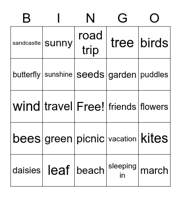 Spring Break Bingo Card