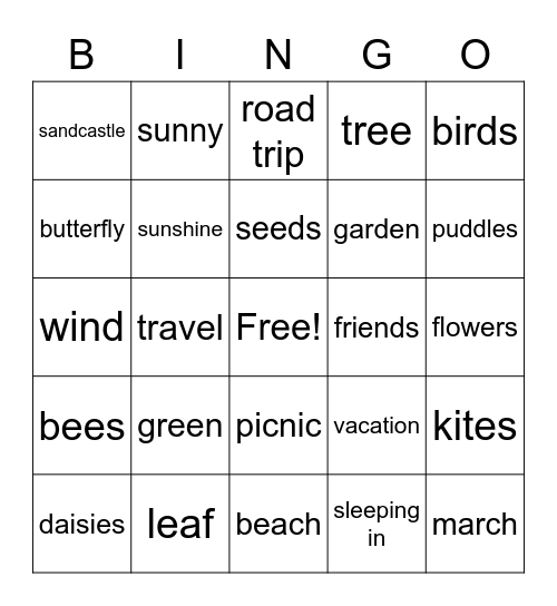 Spring Break Bingo Card