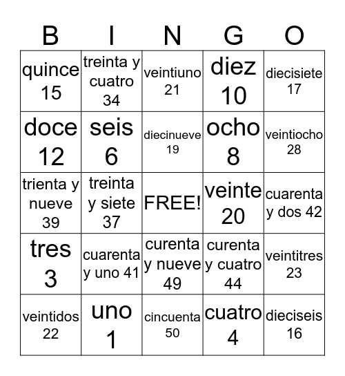 Los numeros de 0 al 59 Bingo Card