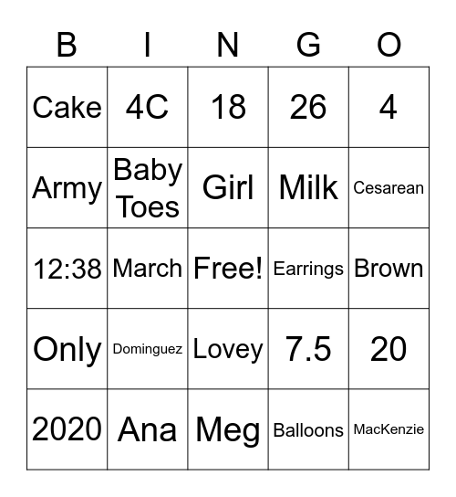 Ana Meg's 1st Birthday Bingo Card