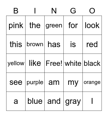 Sight Words Bingo Card