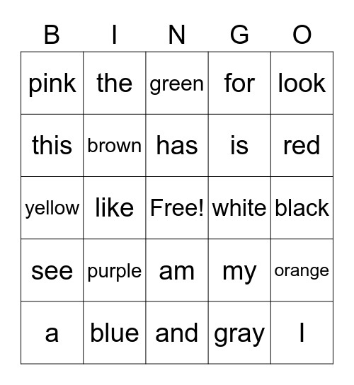 Sight Words Bingo Card