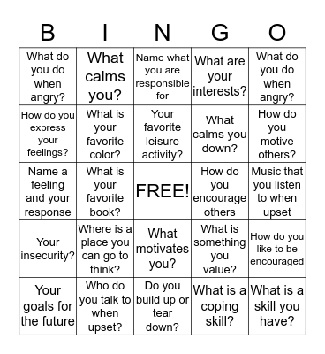 Coping Skills Bingo Card