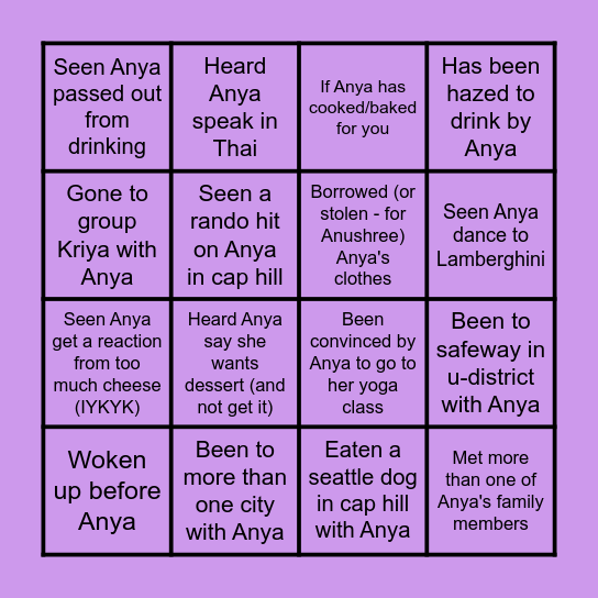 Anya's Birthday BINGO Card