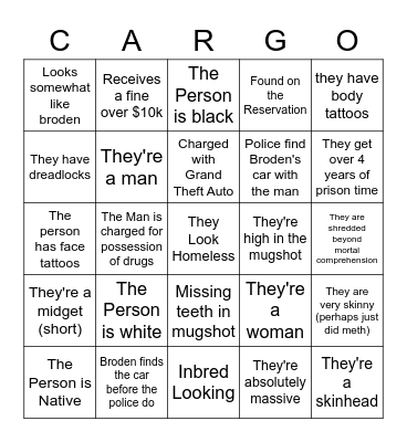 Broden's Car Thief Bingo Card