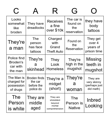 Broden's Car Thief Bingo Card
