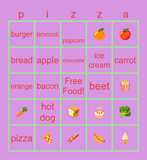 food Bingo Card