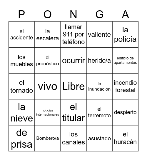 5A PONGA Bingo Card