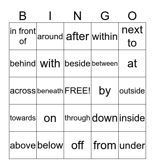 Prepostions Bingo Card