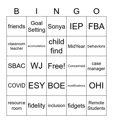 Spec Ed Meeting Bingo!! Bingo Card