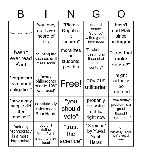 Philosophy Professor Bingo Card