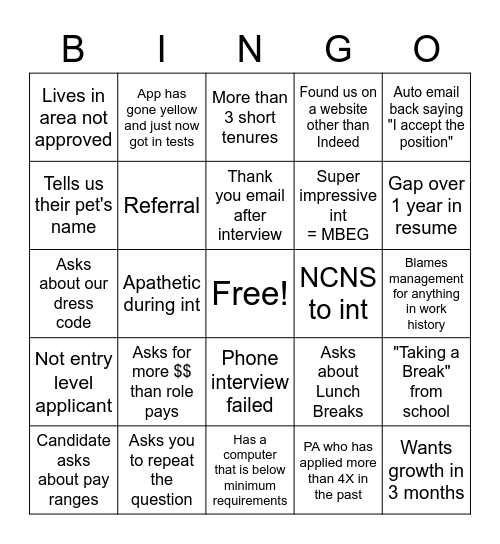 Recruiting Bingo Card