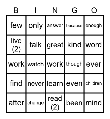 SET 5 High Frequency Word Bingo Card