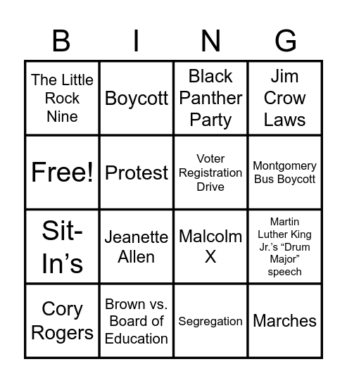 Civil Rights Bingo Card