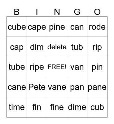 Final E Bingo Card