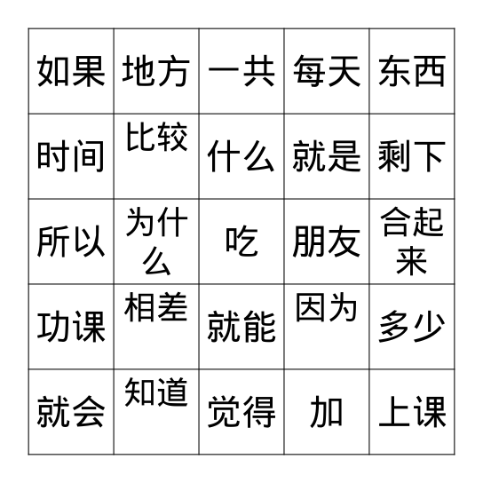 常用字 5 Bingo Card