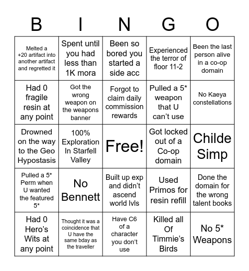 Genshin Bingo Card