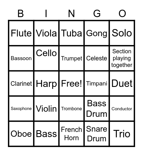 Instruments of the Orchestra Bingo (Bolero Edition) Bingo Card