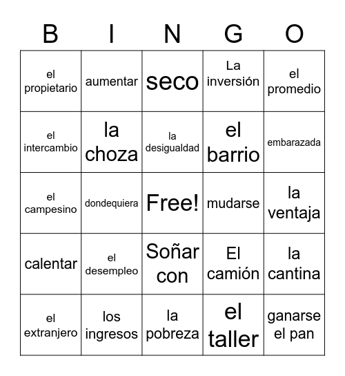 Unidad 7-vocabulario Bingo Card