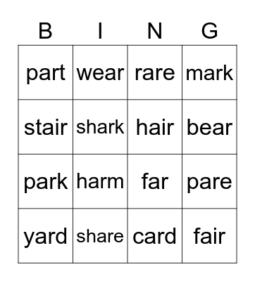 R-Controlled Vowel a Bingo Card