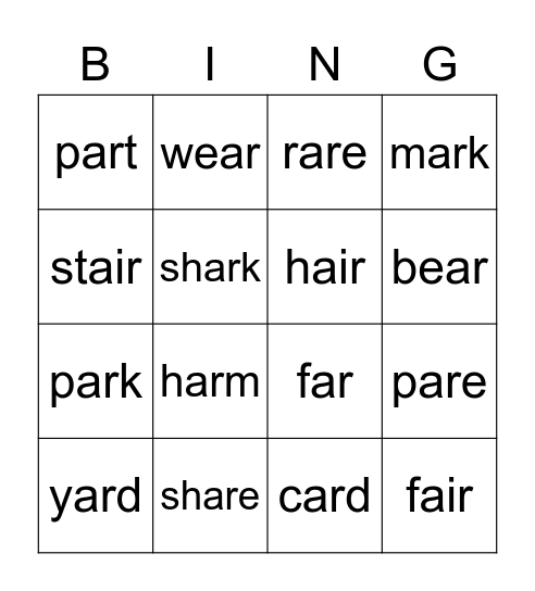 R-Controlled Vowel a Bingo Card