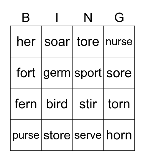 R-Controlled Vowel o and u Bingo Card