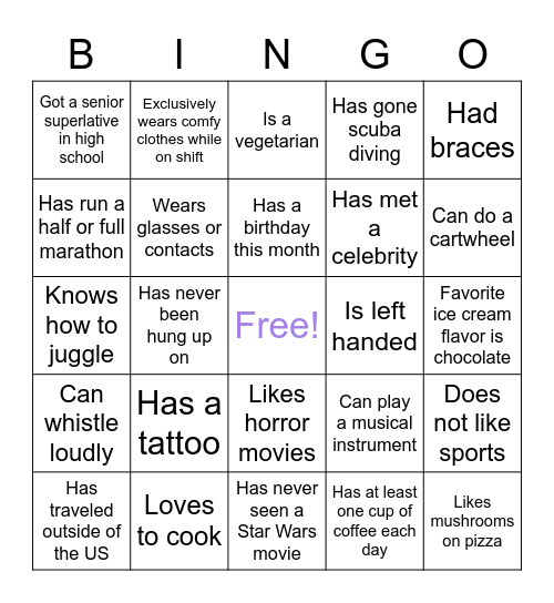 Team 46 get-to-know you bingo Card