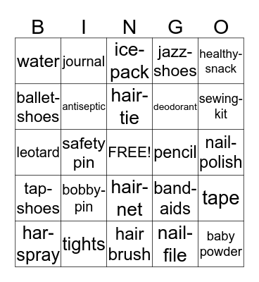 What's in your dance bag? Bingo Card