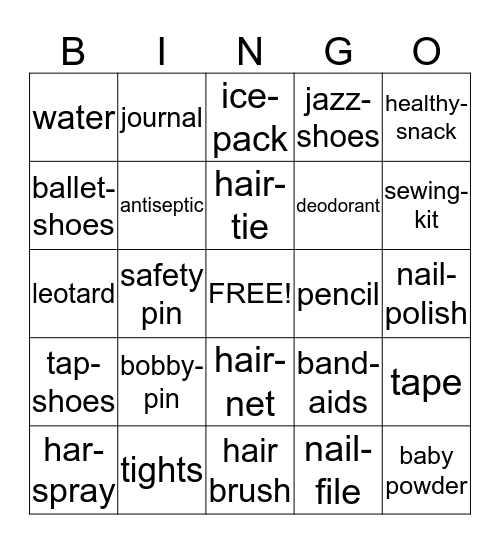 What's in your dance bag? Bingo Card