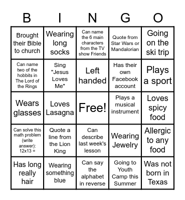 Youth Bingo Card